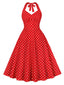 Robe trapèze rouge à pois dos nu des années 1950