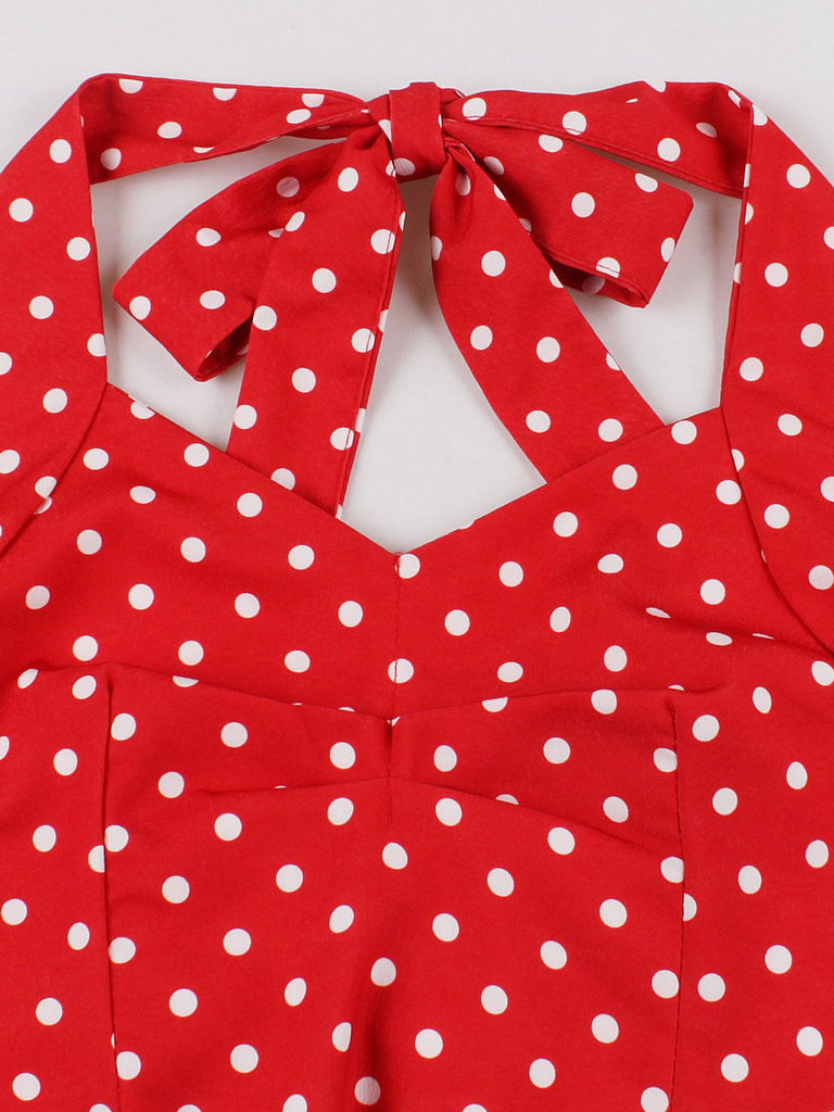 Robe trapèze rouge à pois dos nu des années 1950