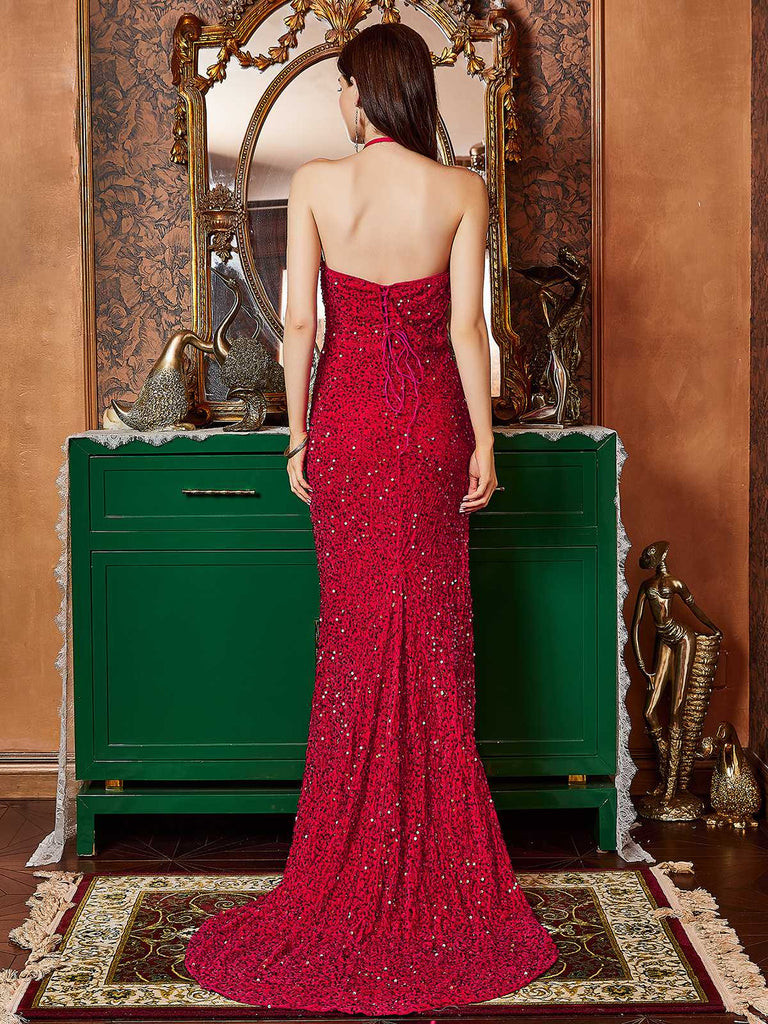 Robe longue rouge à fente latérale et à sequins style années 1920