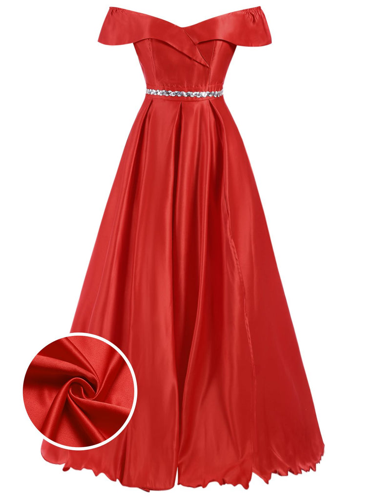 Robe de soirée longue rouge à épaules dénudées des années 1950