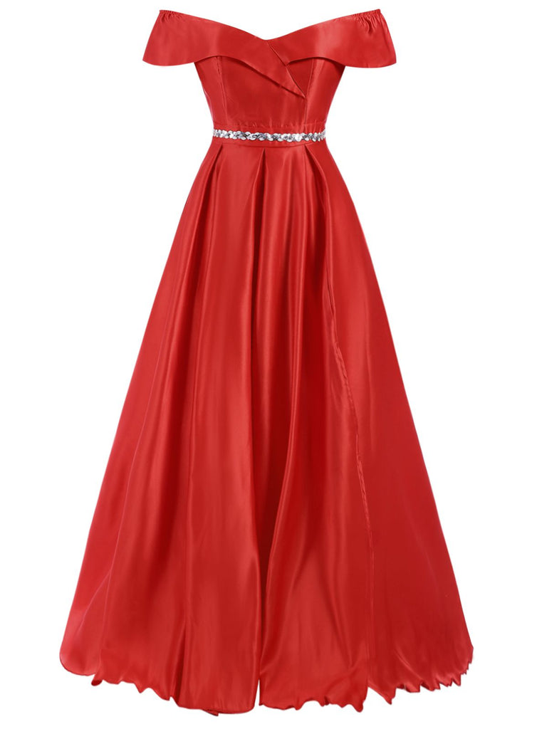 Robe de soirée longue rouge à épaules dénudées des années 1950