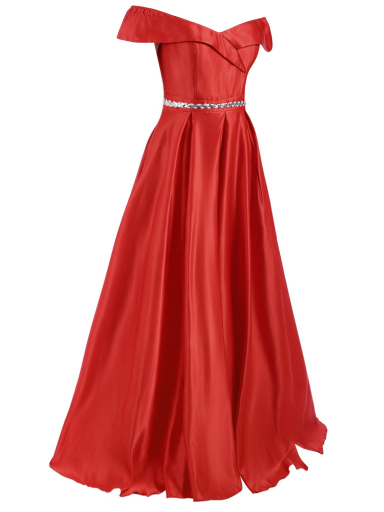 Robe de soirée longue rouge à épaules dénudées des années 1950