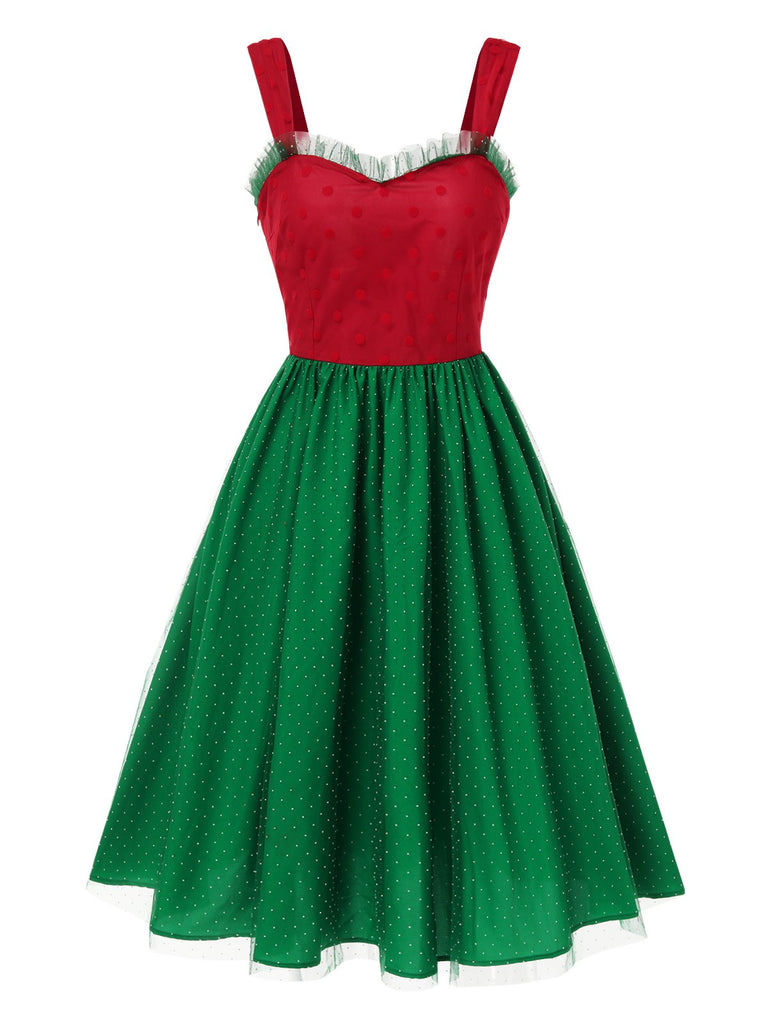 Robe à pois rouge et verte de Noël des années 1950