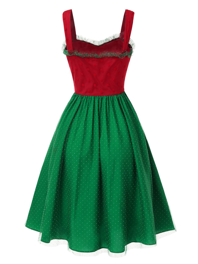 Robe à pois rouge et verte de Noël des années 1950