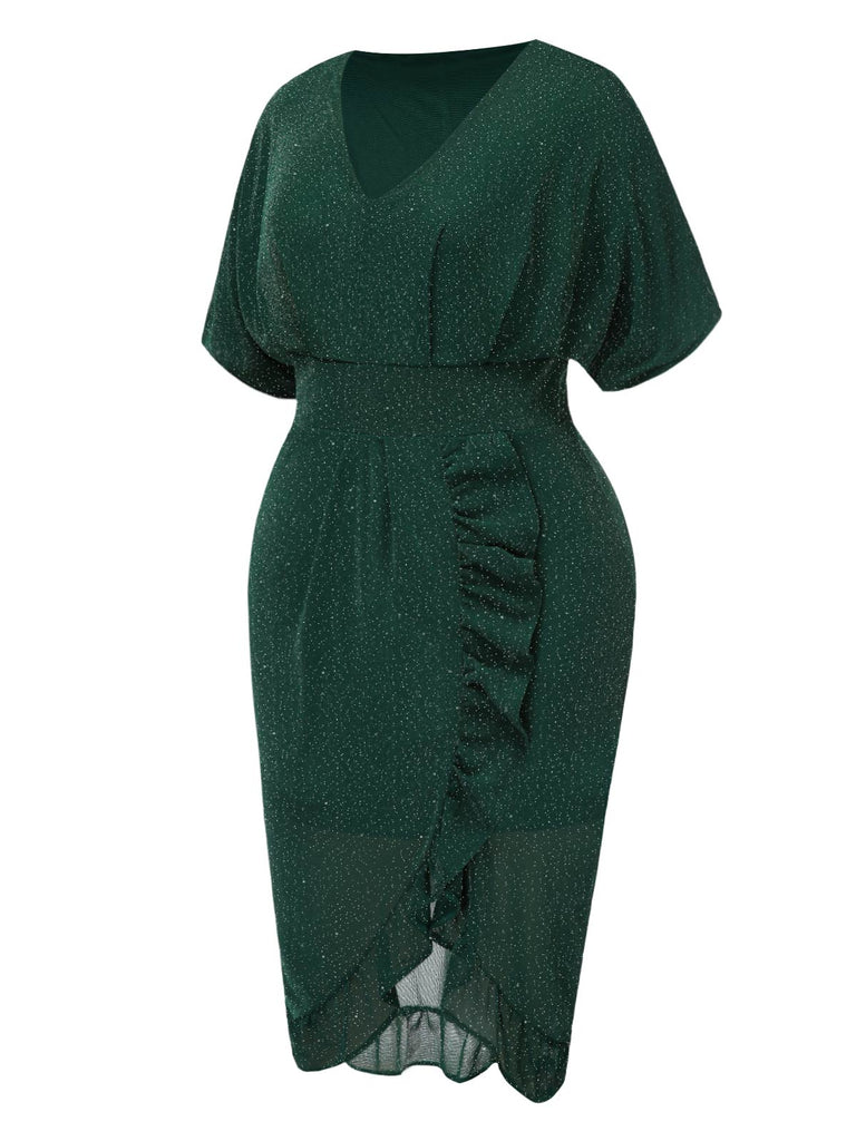 [Grande taille] Robe unie à volants et col en V vert foncé des années 40