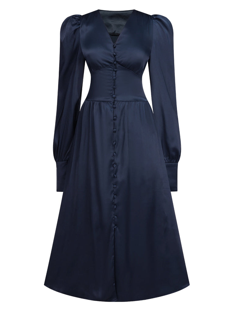 Robe boutonnée bleue à col en V et manches évêque des années 1940