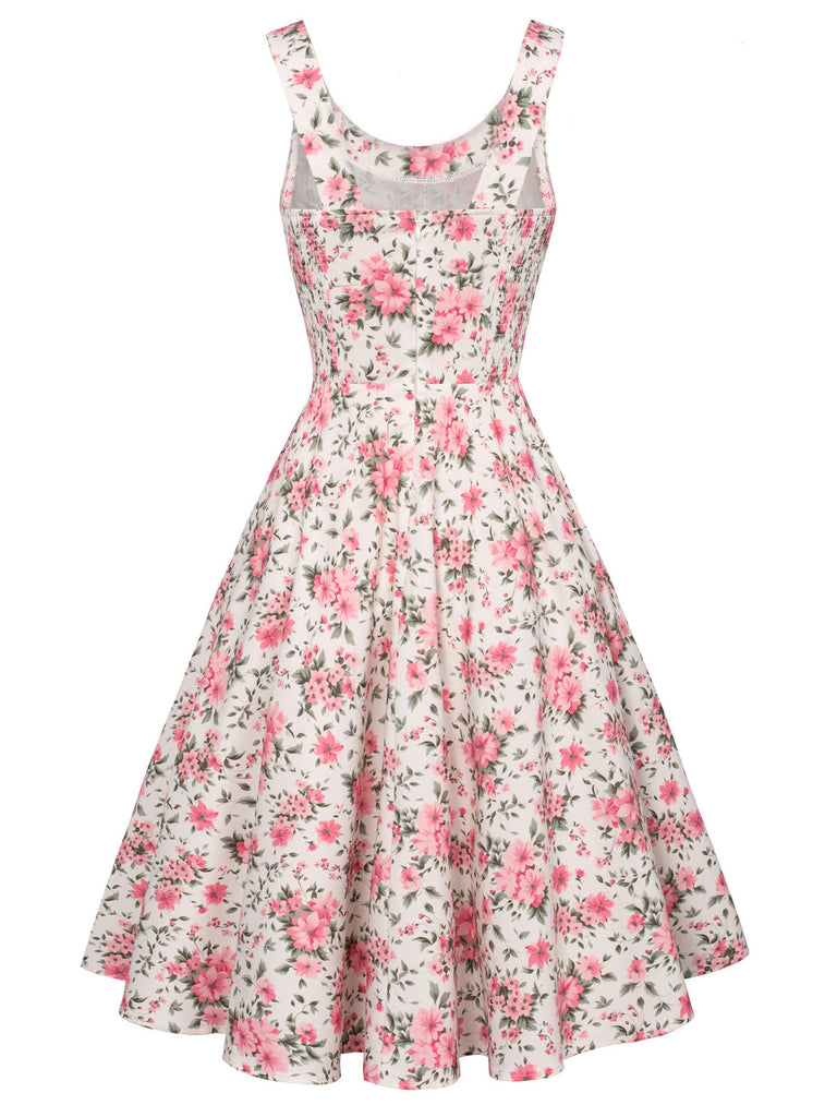 Robe à bretelles à petites fleurs rose des années 1950