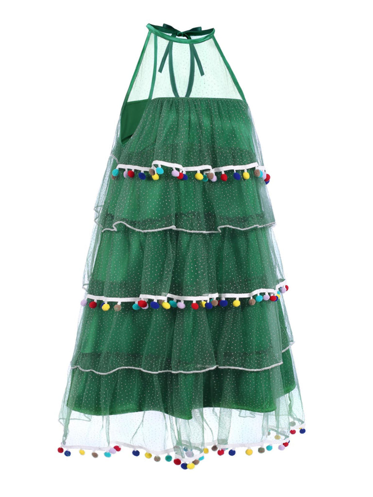 Robe verte à pompons pour sapin de Noël des années 60