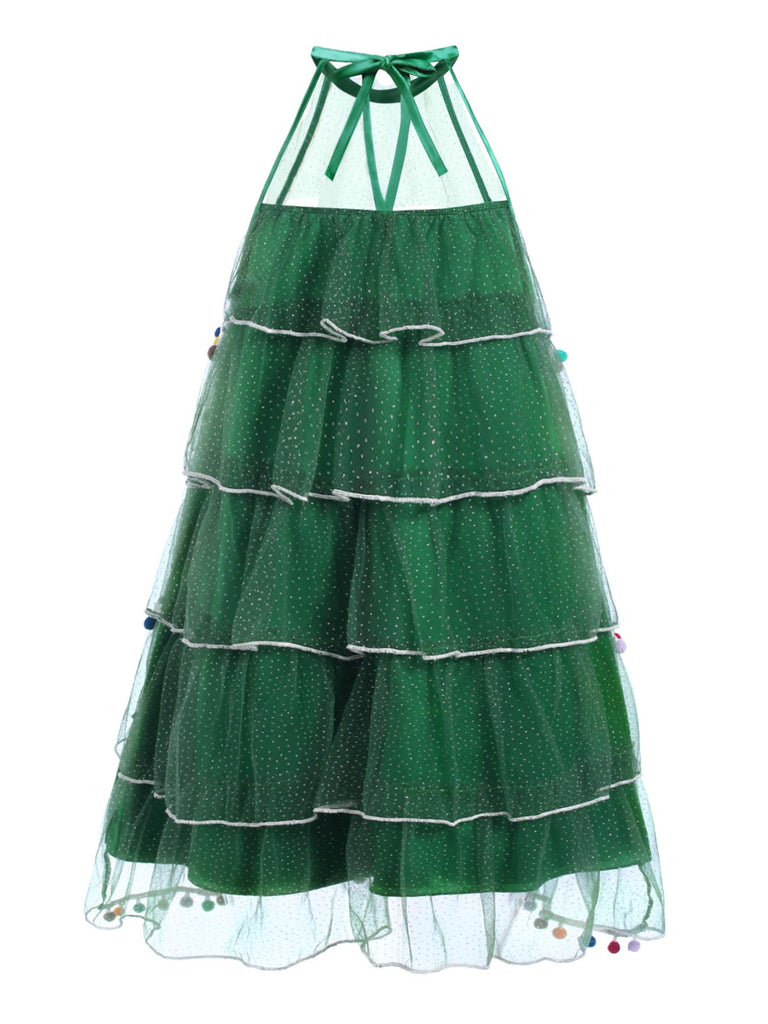 Robe verte à pompons pour sapin de Noël des années 60