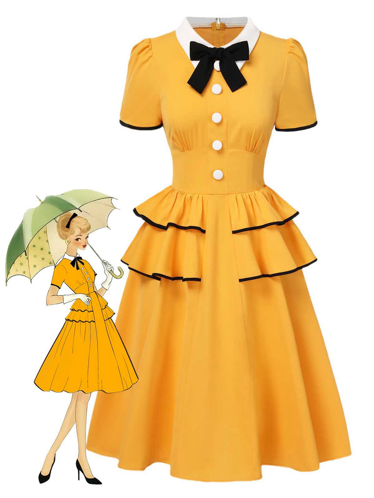 Robe jaune revers avec nœud jupe multicouche des années 1950