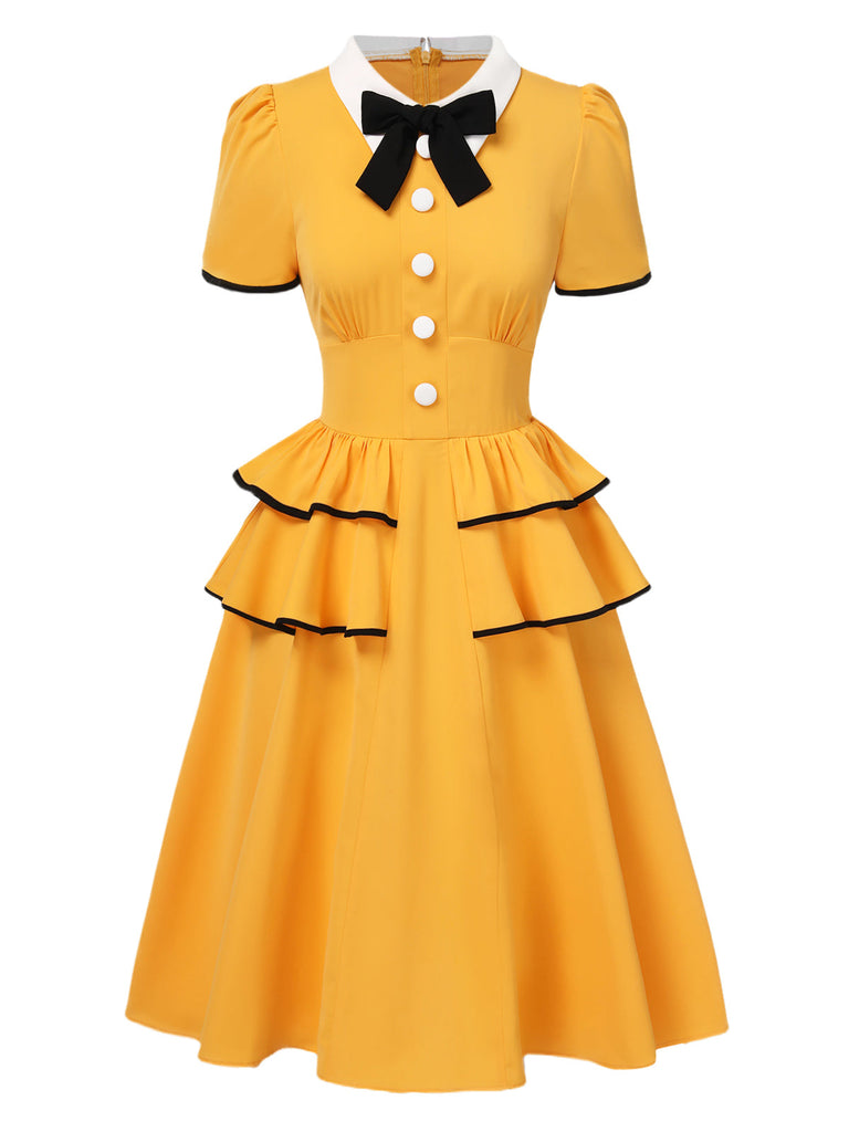 Robe jaune revers avec nœud jupe multicouche des années 1950