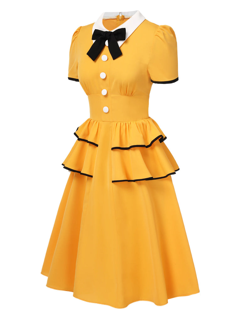 Robe jaune revers avec nœud jupe multicouche des années 1950