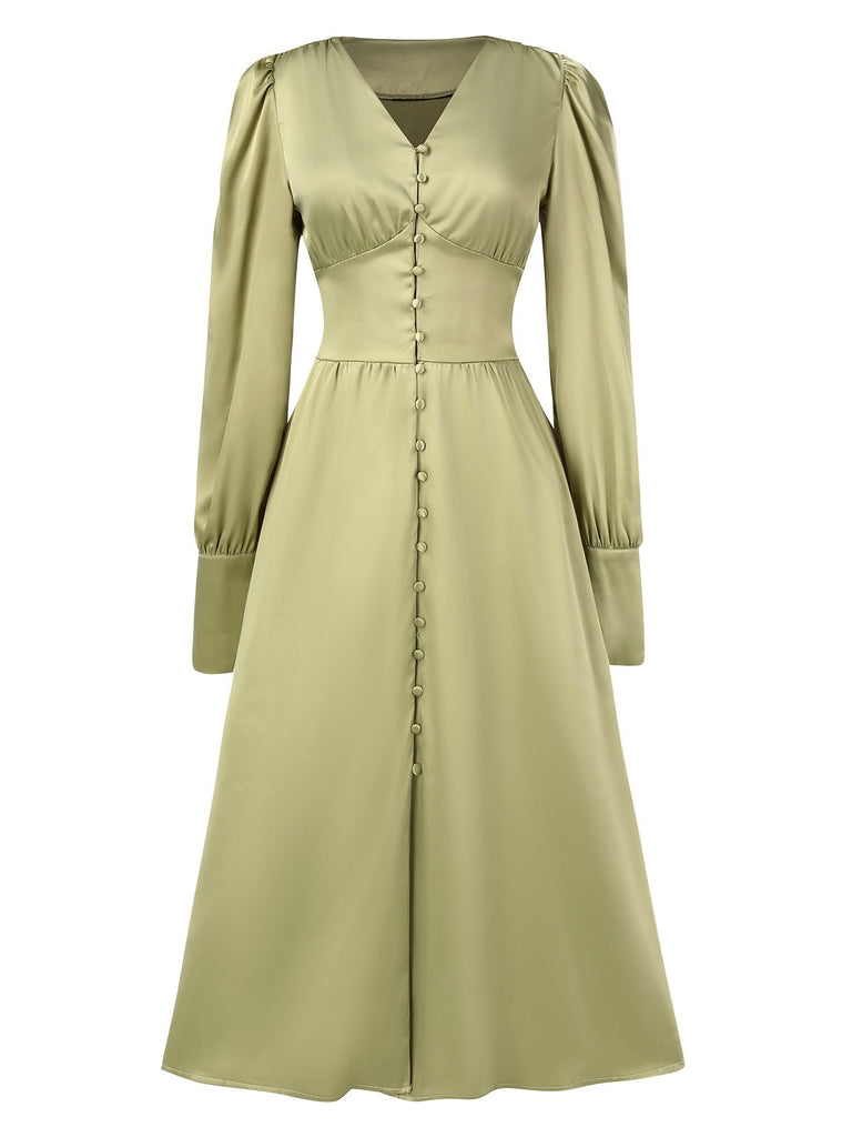 Robe boutonnée en faux satin à col en V des années 1940