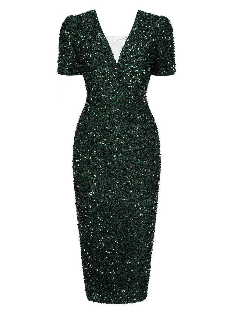 Robe crayon verte à paillettes et col en V des années 1960