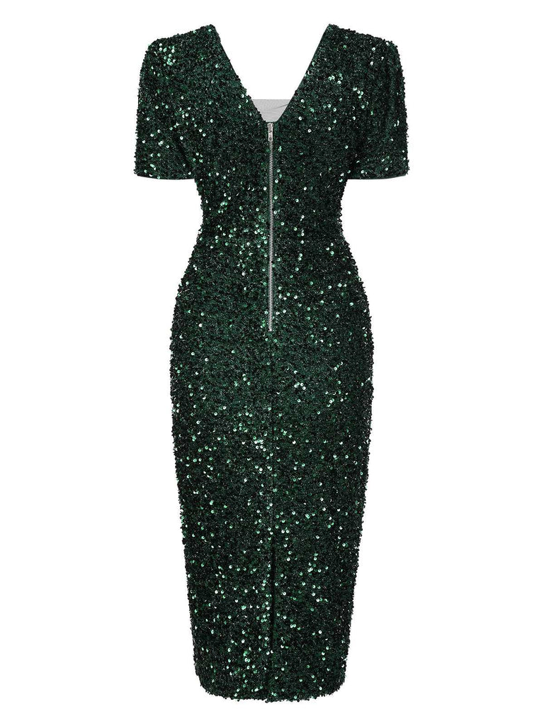 Robe crayon verte à paillettes et col en V des années 1960