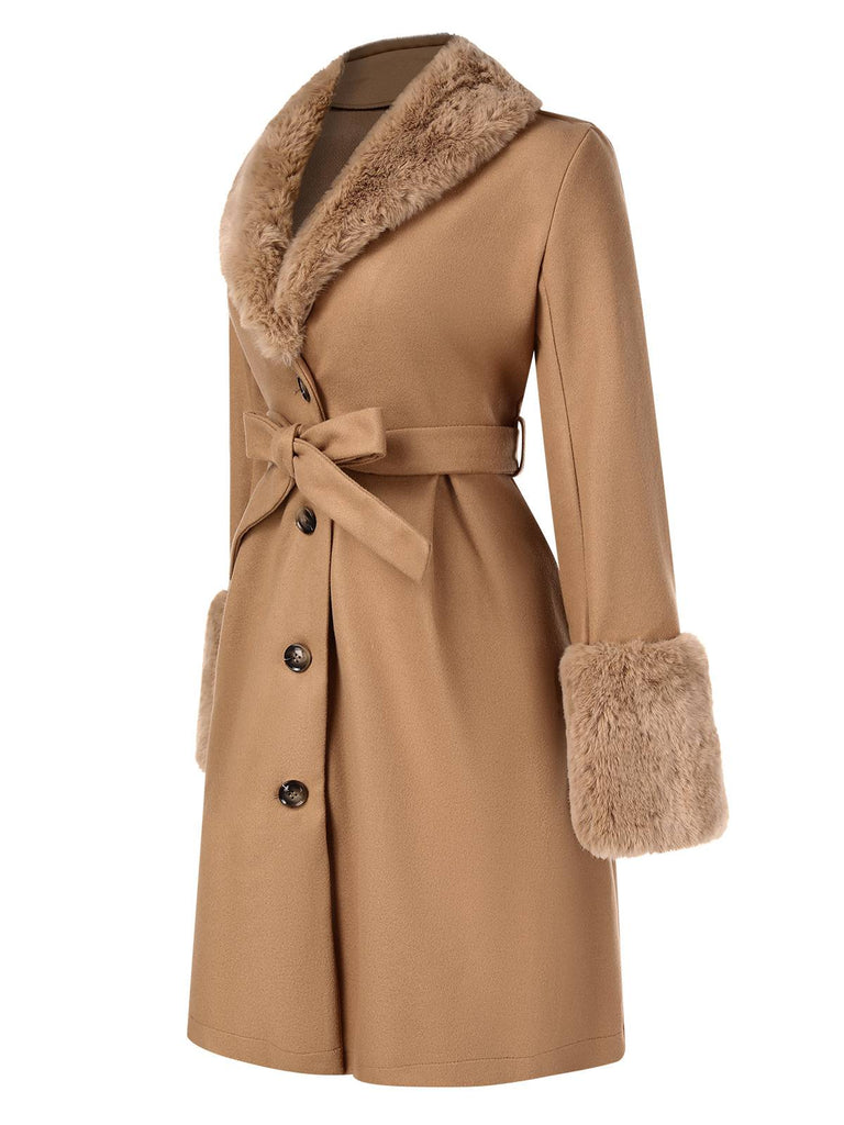 Manteau boutonné à col en fausse fourrure kaki des années 1950