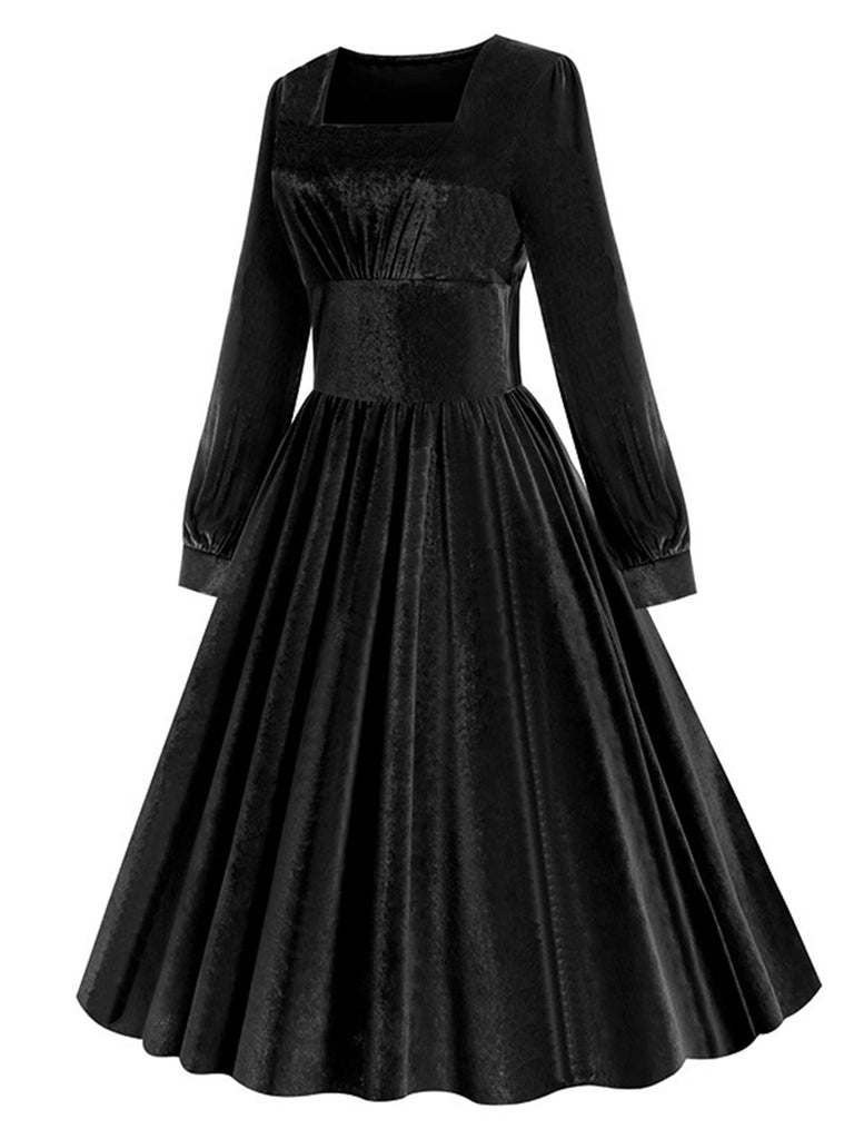 Robe en velours à col carré uni des années 1950