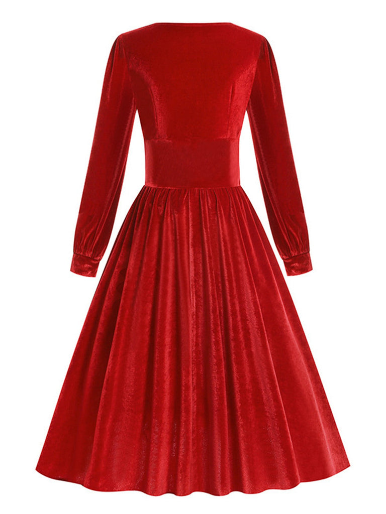 Robe en velours à col carré uni des années 1950