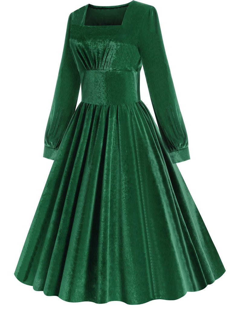 Robe en velours à col carré uni des années 1950