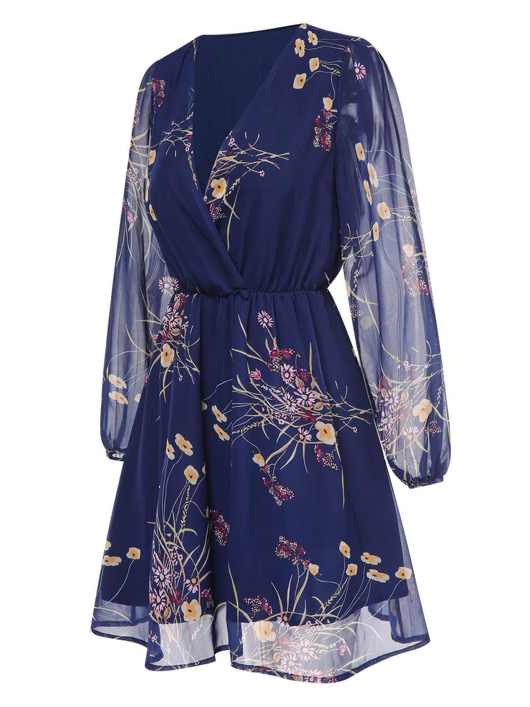 Robe bleu foncé à manches bouffantes et col en V à imprimé floral des années 1940