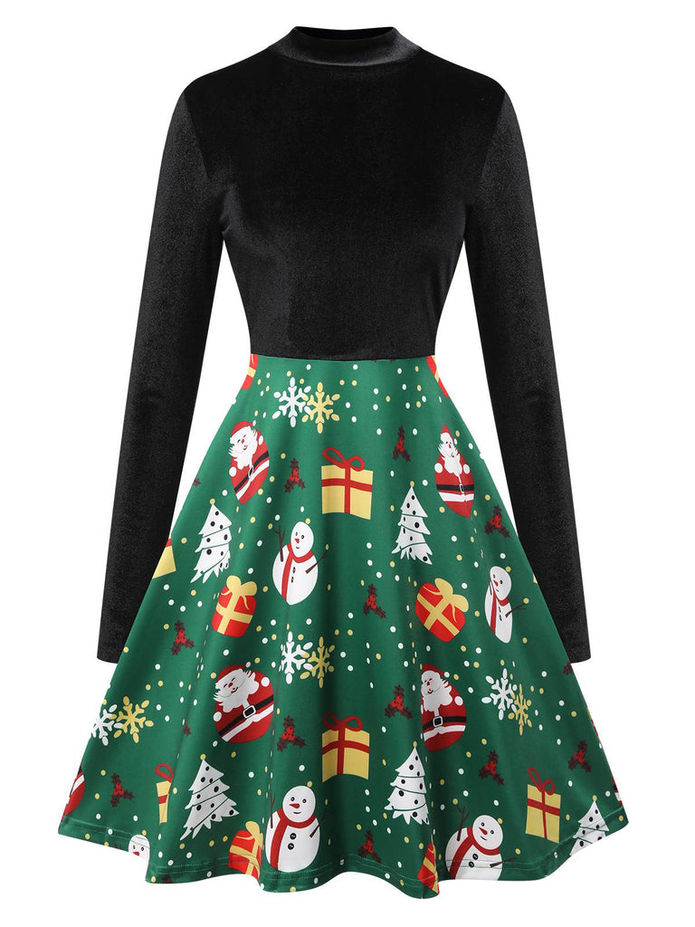 Robe de Noël noire en velours à col montant des années 1950