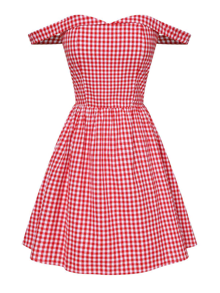 Robe trapèze rouge à carreaux et épaules dénudées des années 1950