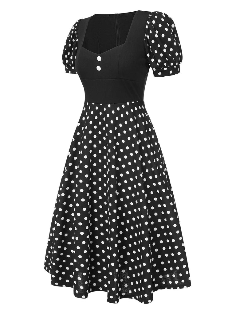 Robe patchwork noire à pois et col rond des années 40