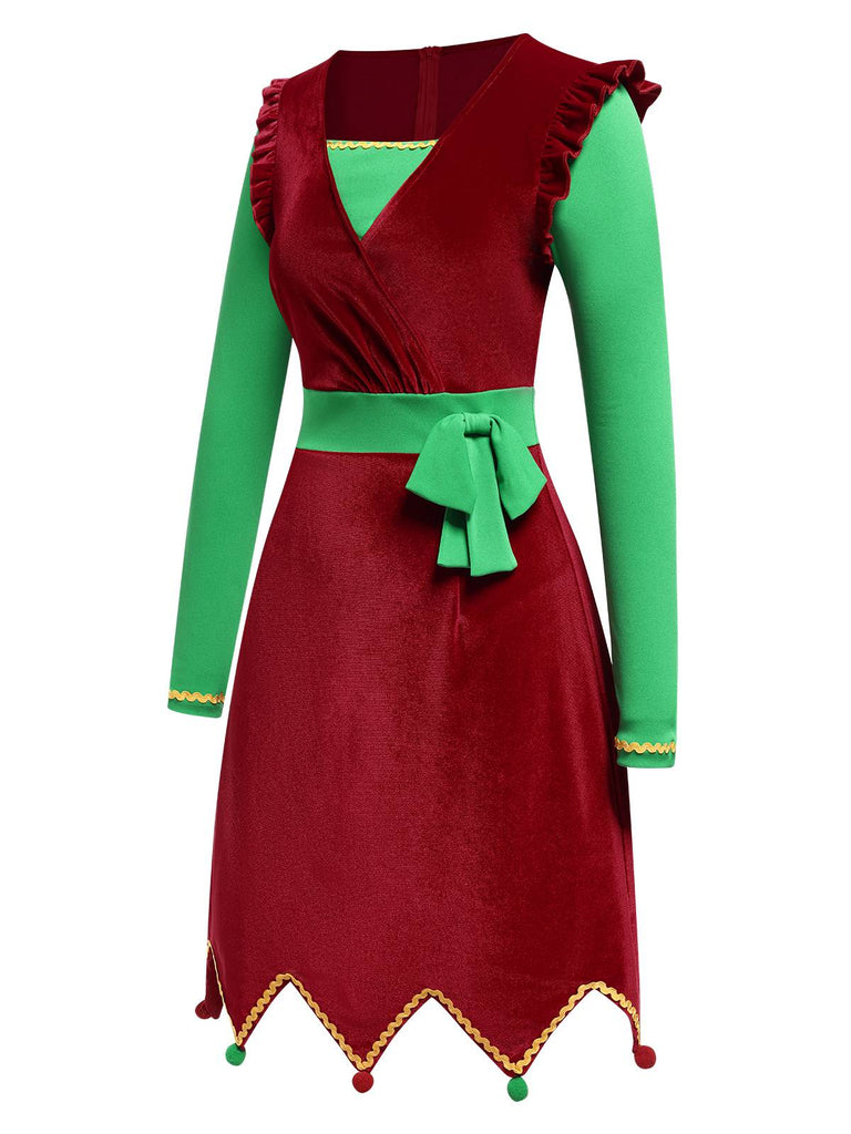 Robe rouge contrastée à ourlet ondulé de Noël des années 1960