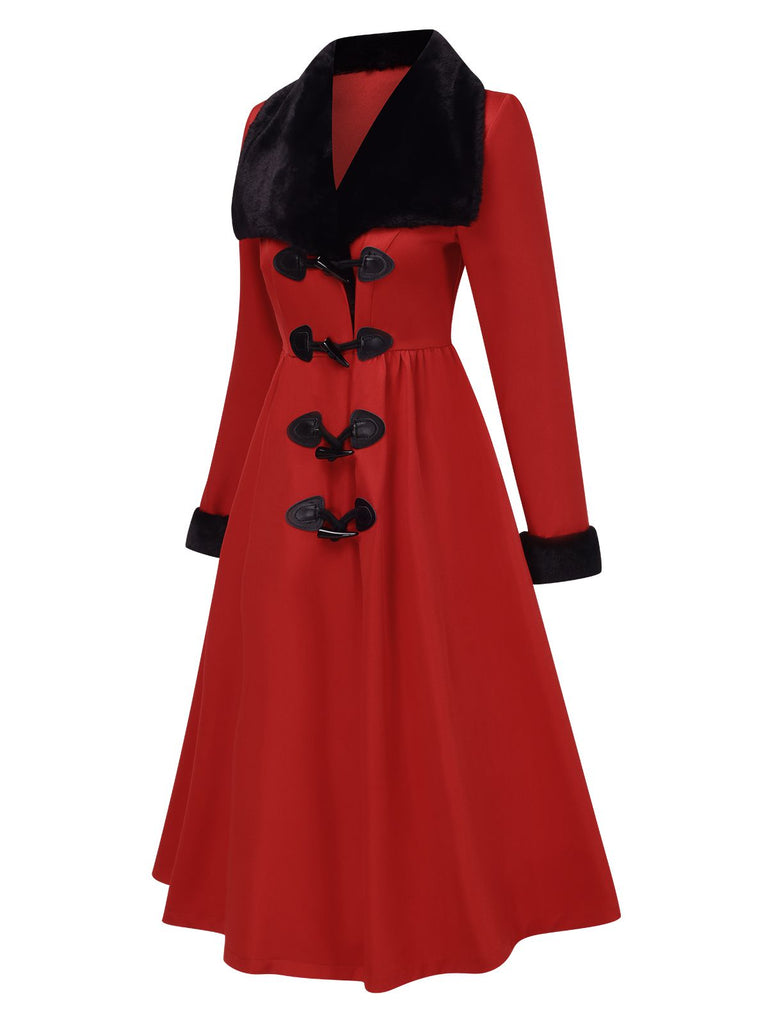 Manteau à col en fourrure rouge et noir des années 1950