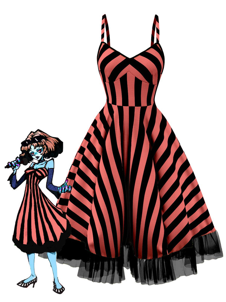 Robe en dentelle verte fluo à rayures noires et blanches des années 1950