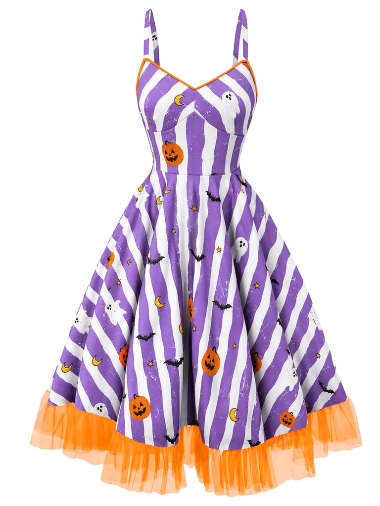 [Prévente] Robe en dentelle violette fluo à rayures noires et blanches des années 1950