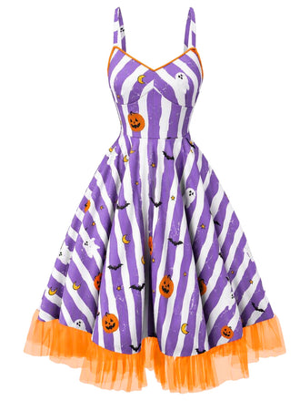 [Prévente] Robe en dentelle violette fluo à rayures noires et blanches des années 1950
