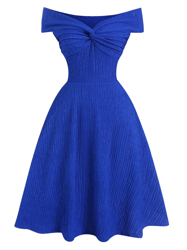 Robe bleue unie à épaules dénudées des années 1950