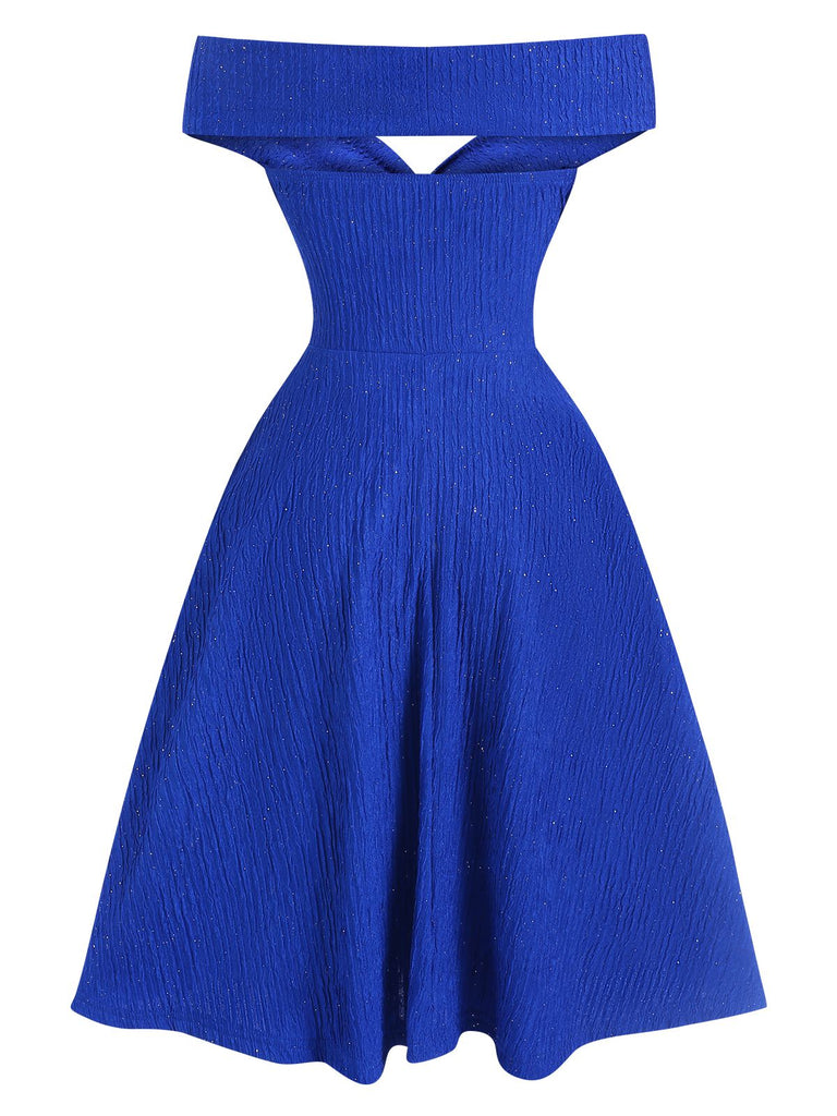 Robe bleue unie à épaules dénudées des années 1950