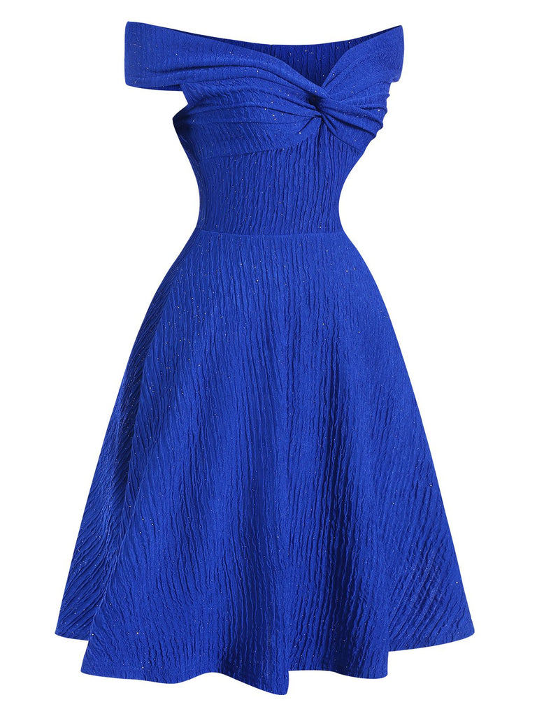 Robe bleue unie à épaules dénudées des années 1950