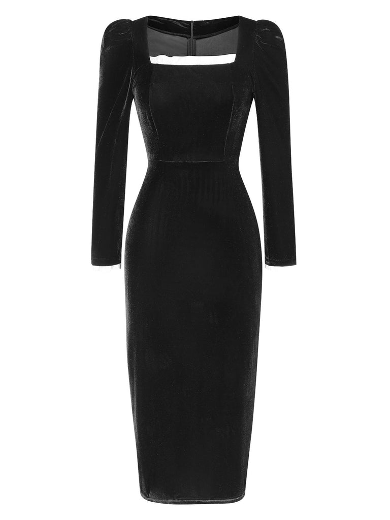 Robe noire en velours à col carré des années 1960