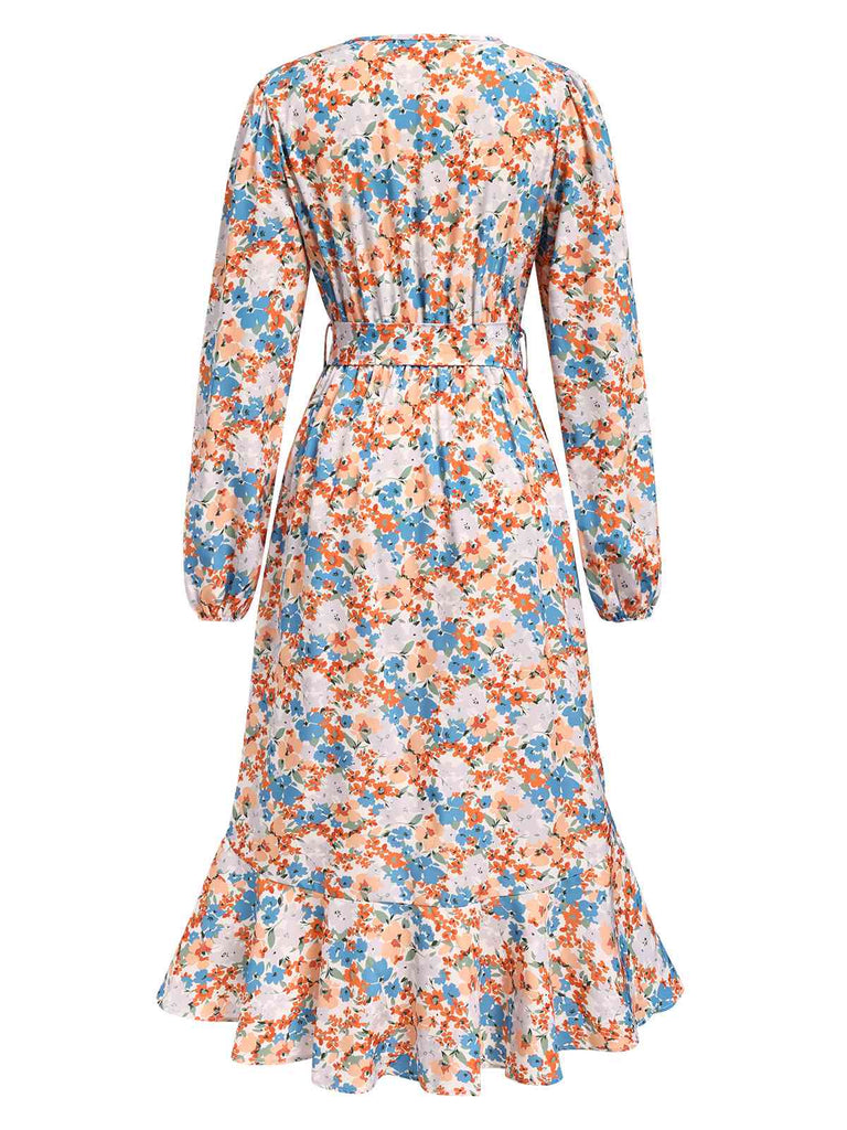 Robe portefeuille à volants et ceinture à imprimé floral des années 1940