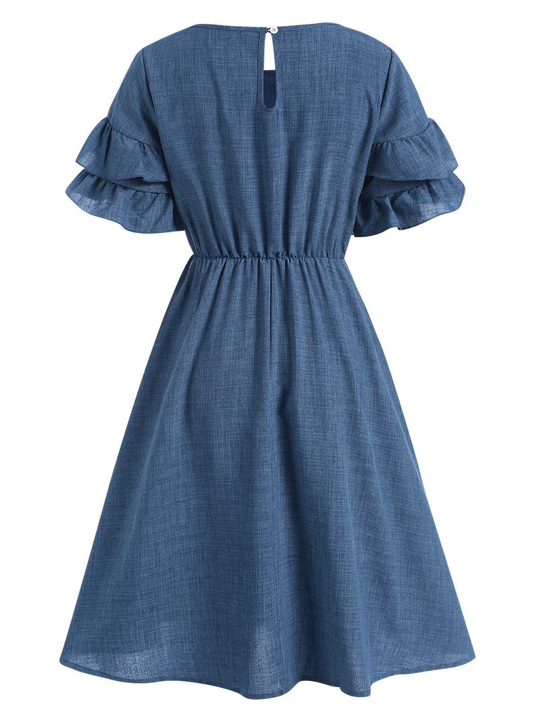 Robe trapèze bleue à volants superposés des années 40