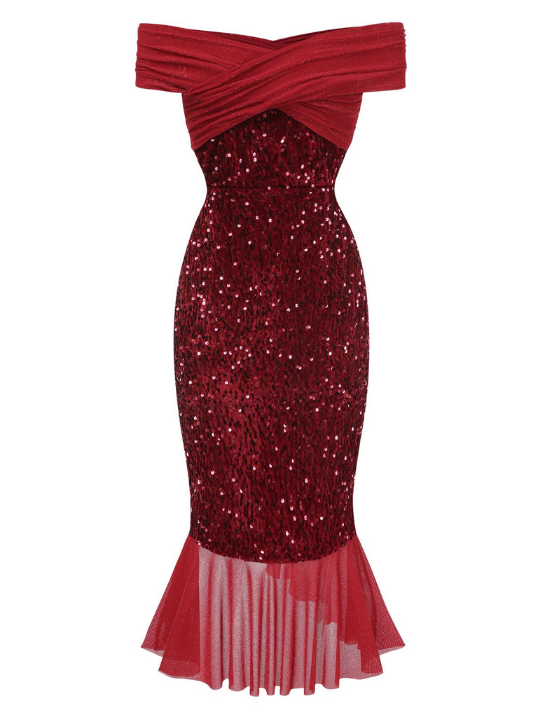 Robe rouge de sirène à épaules dénudées à paillettes des années 1930