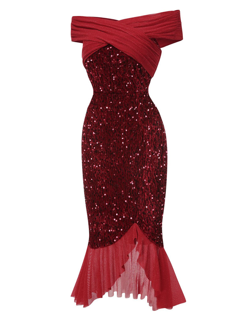 Robe rouge de sirène à épaules dénudées à paillettes des années 1930