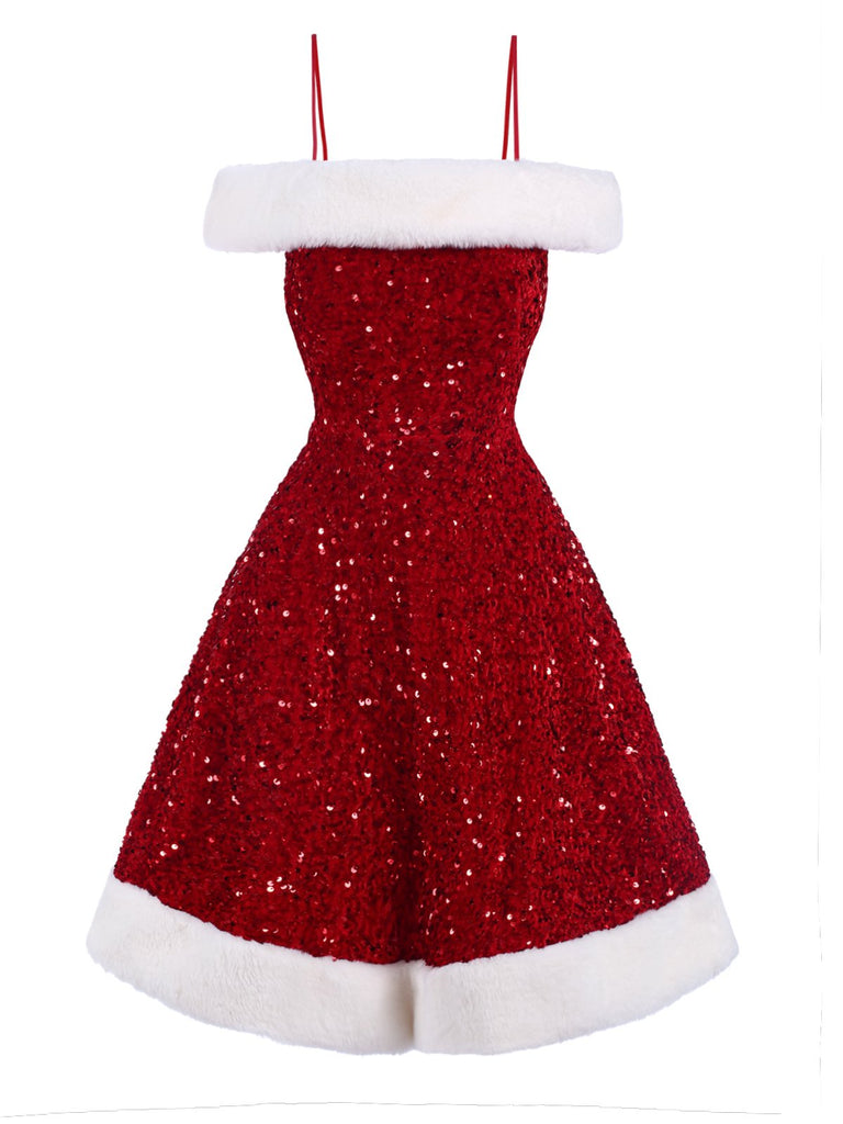 [Pré-vente] Robe rouge à paillettes épaules dénudées patchwork en peluche des années 1950