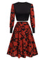 Jupe à manches longues à motif floral noir et rouge des années 1950