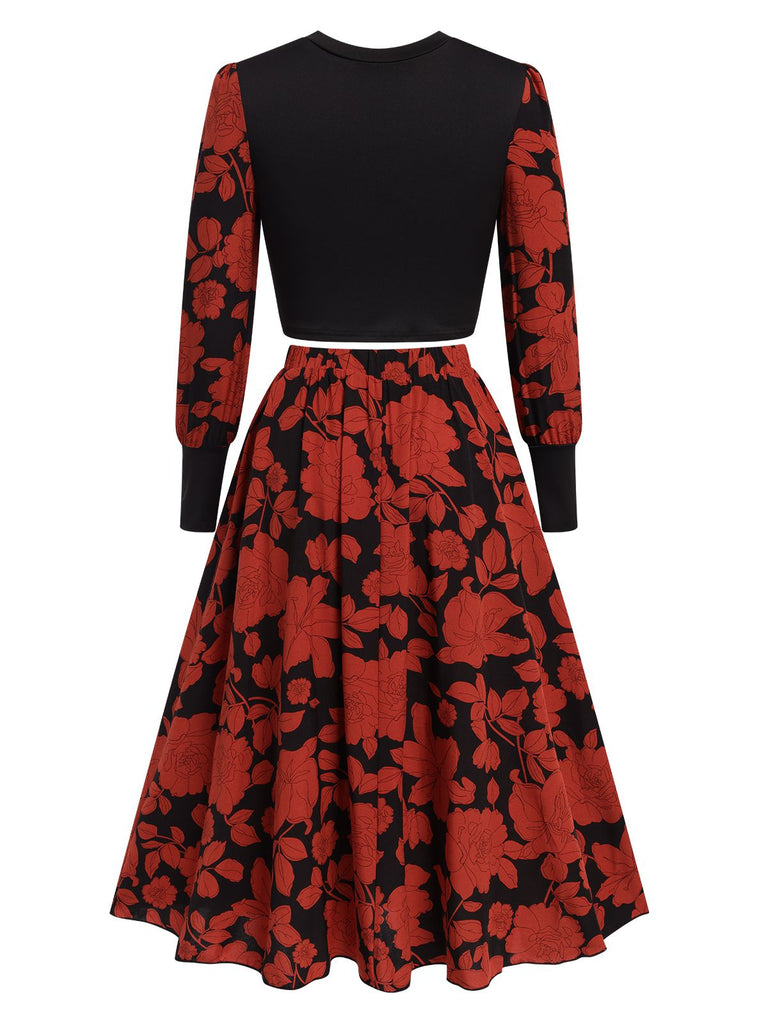 Jupe à manches longues à motif floral noir et rouge des années 1950