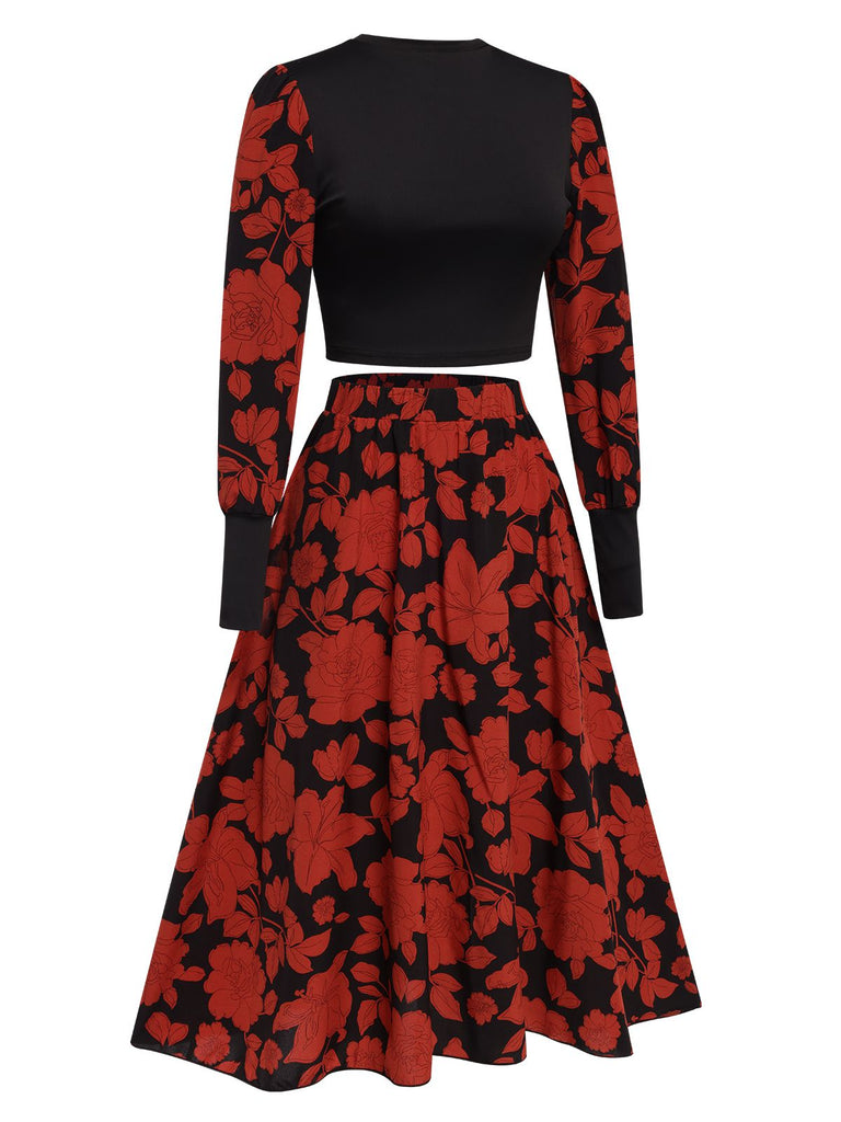 Jupe à manches longues à motif floral noir et rouge des années 1950