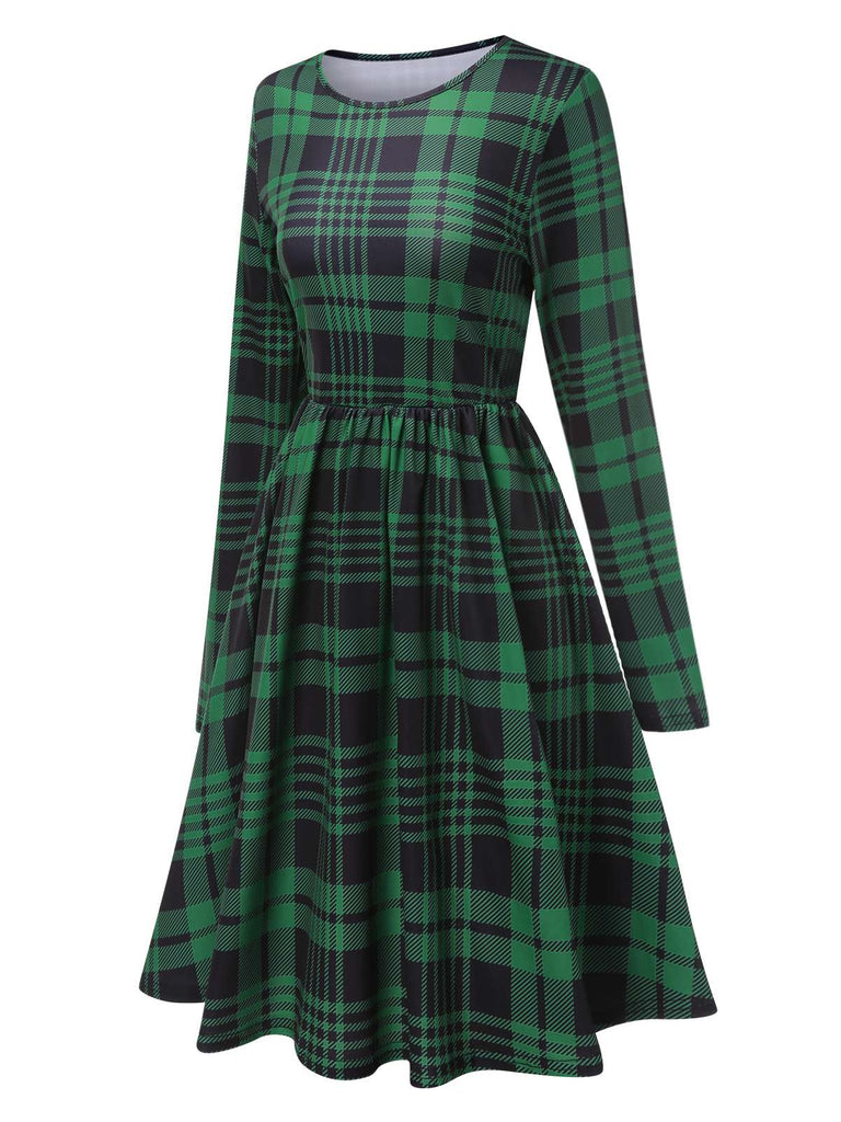 Robe verte à col ras du cou en tartan avec ceinture des années 40