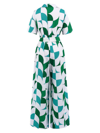 Combinaison à manches courtes col en V contrasté géométrique des années 1940