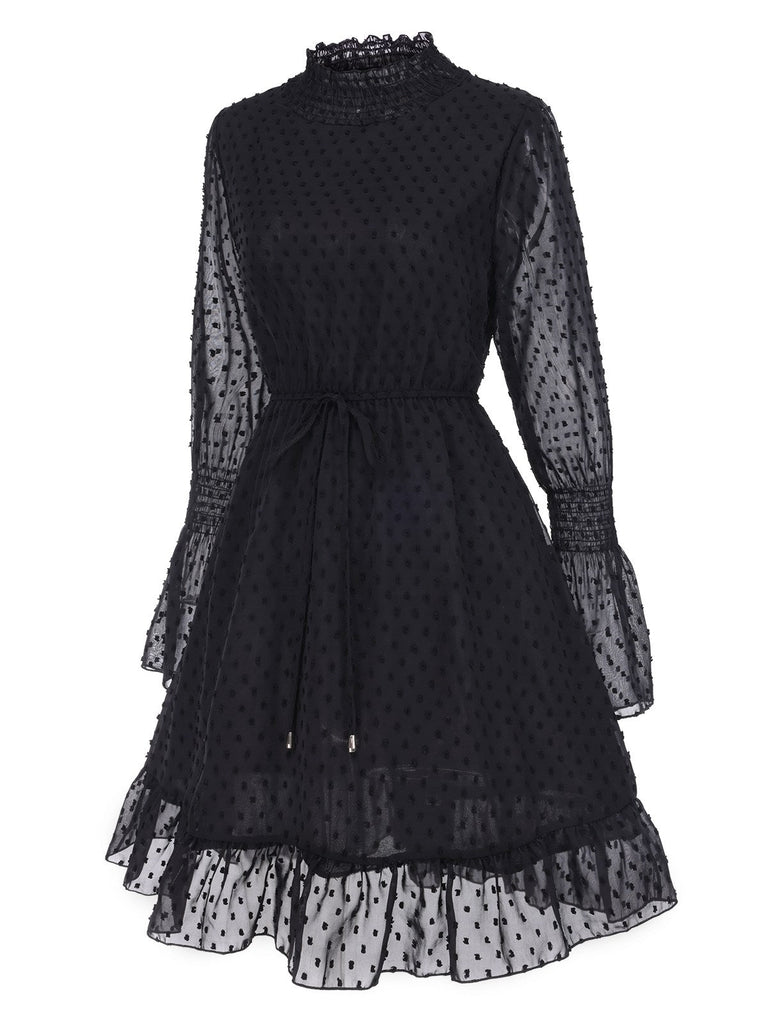 Robe noire à pois et demi-col roulé en mousseline de soie des années 1940