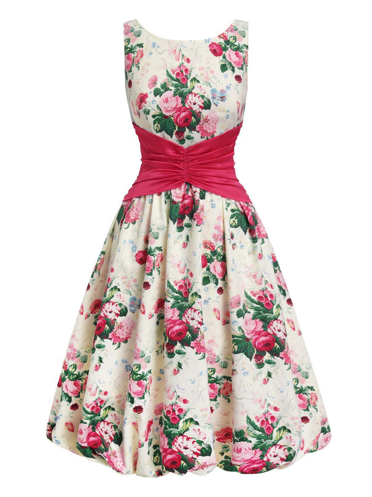 [Pré-vente] Robe fleurie antique multicolore avec nœud dans le dos des années 1950