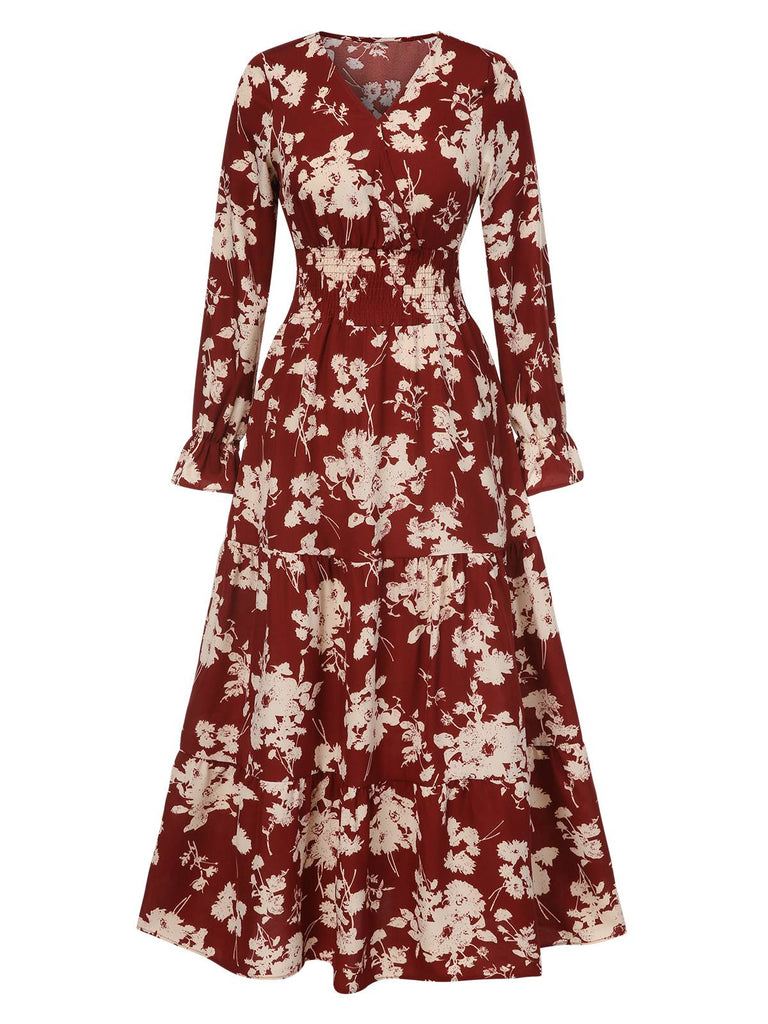 Robe longue à col en V et silhouette fleurie des années 1930