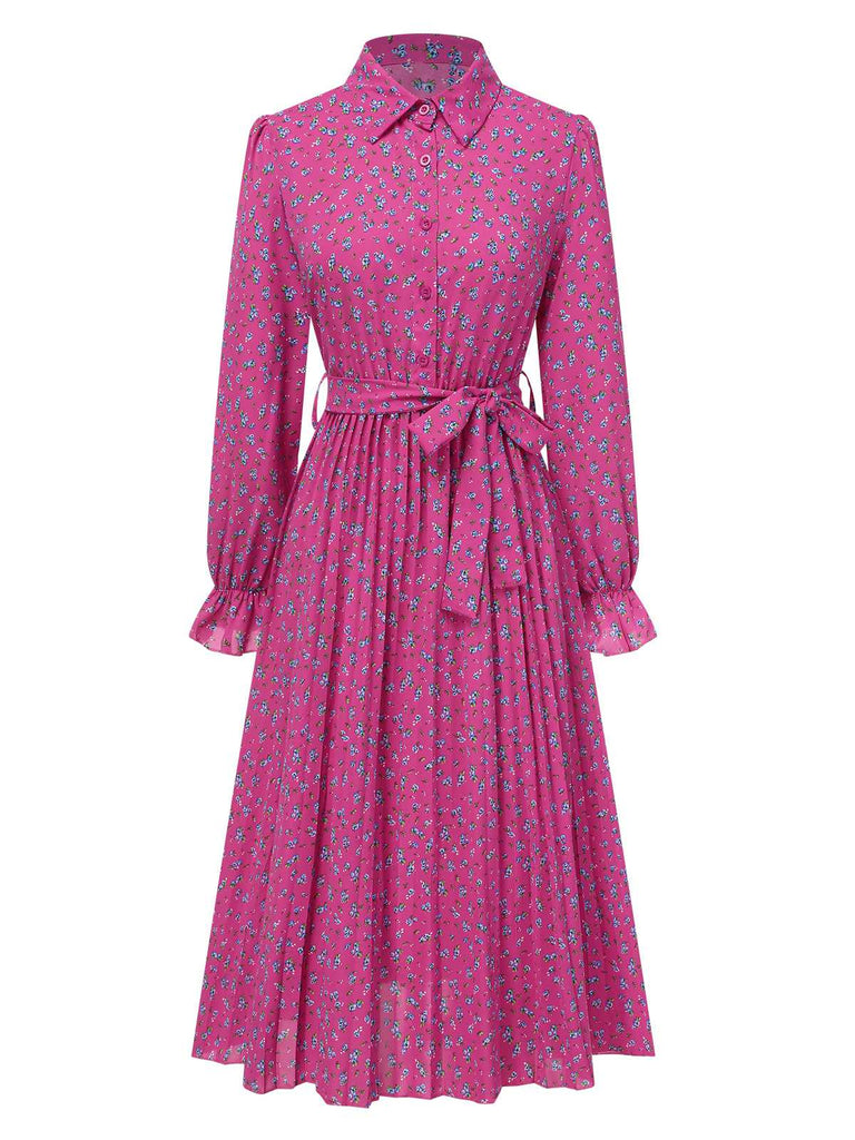 Robe chemise plissée à ceinture et à petits motifs floraux des années 1940